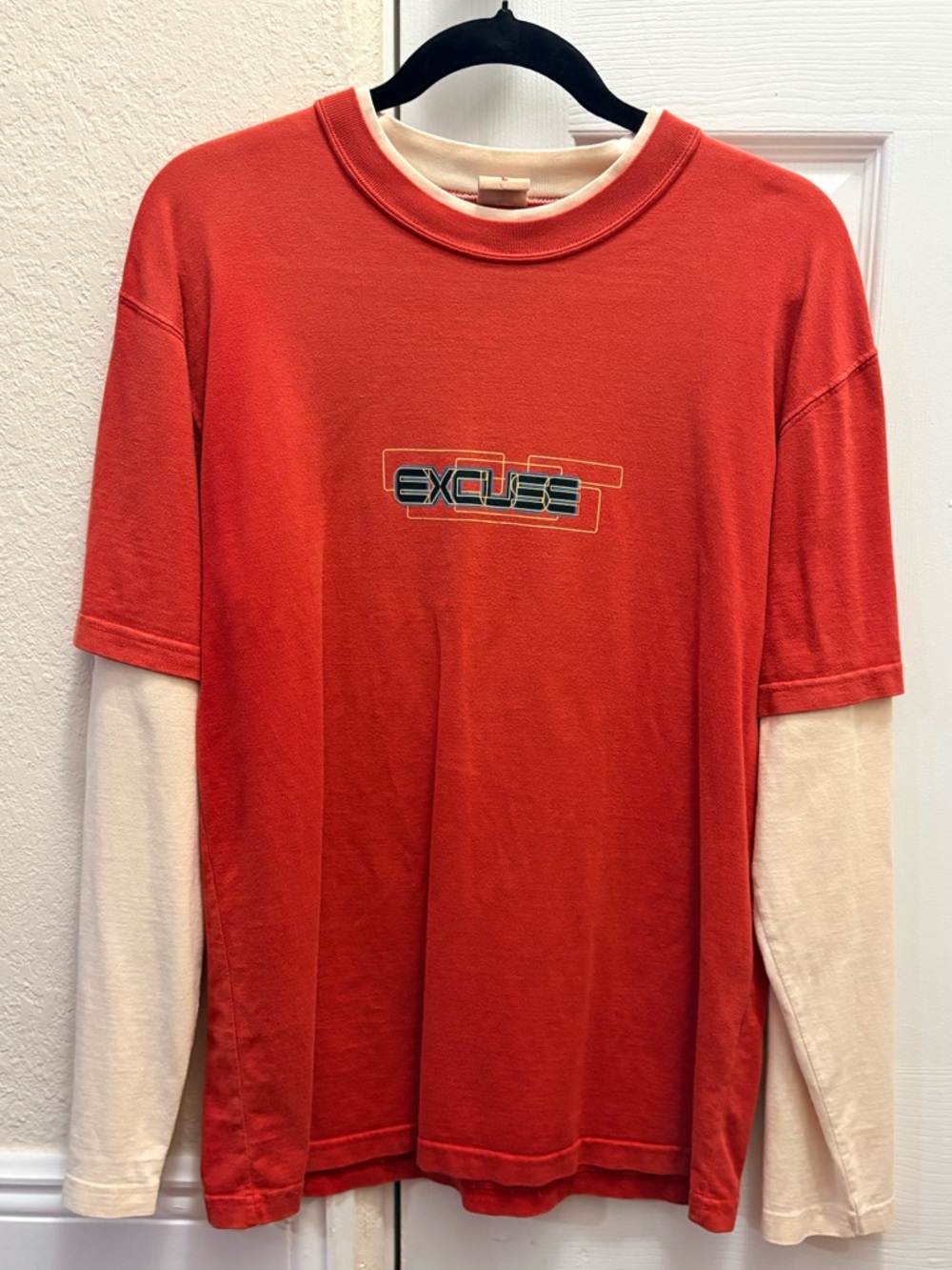 Vintage Y2K Excuse Power Layered Long Sleeve T-Shirt Red Graphic Tee Size L
